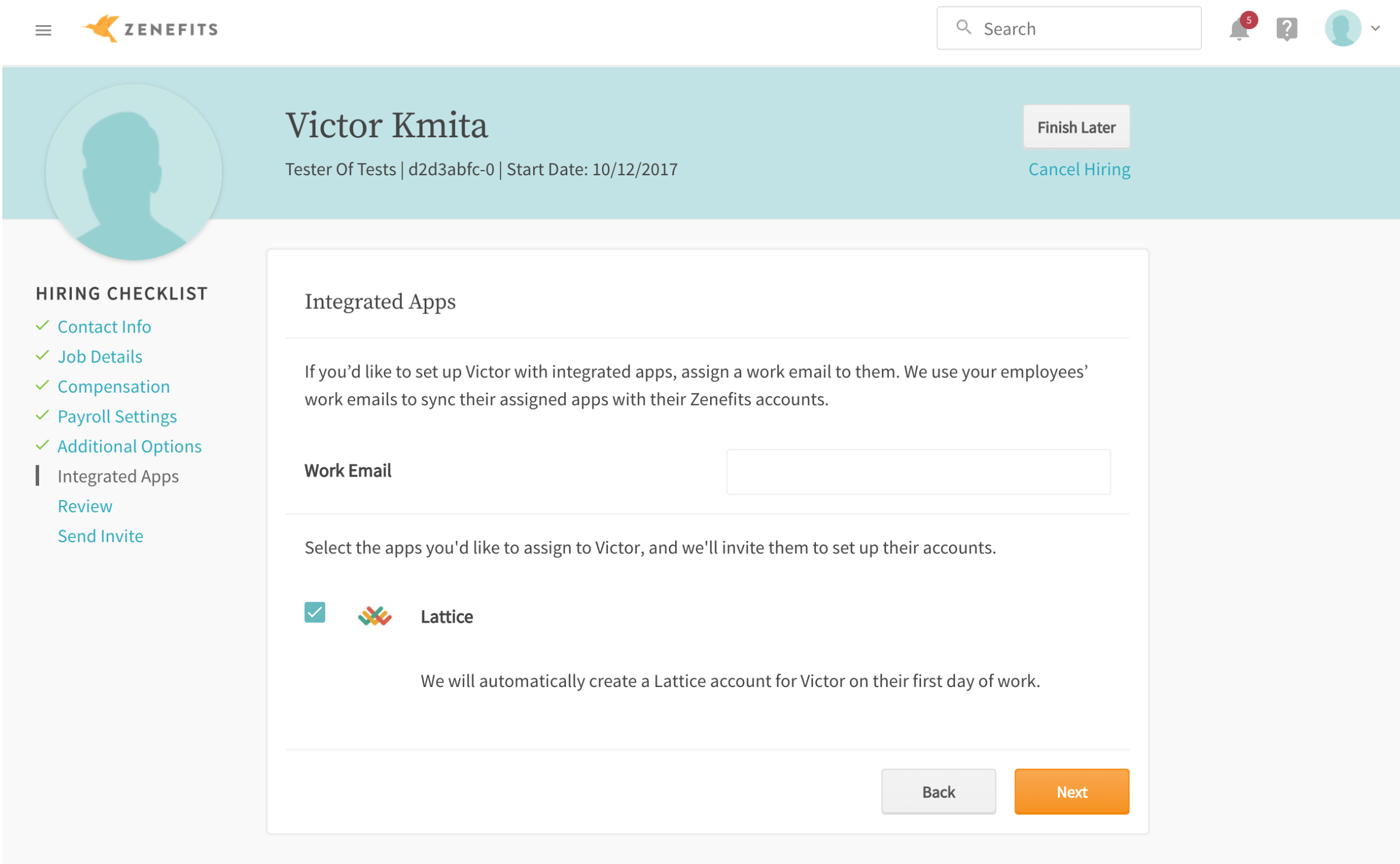 Screenshot of Intgrated Apps steps in Zenefits when adding new users