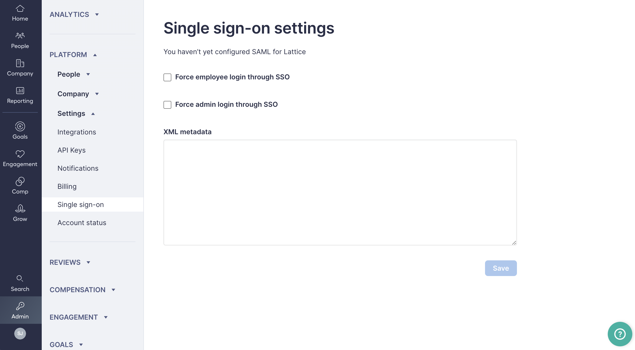 Screenshot of Admin > Settings > Single Sign-On