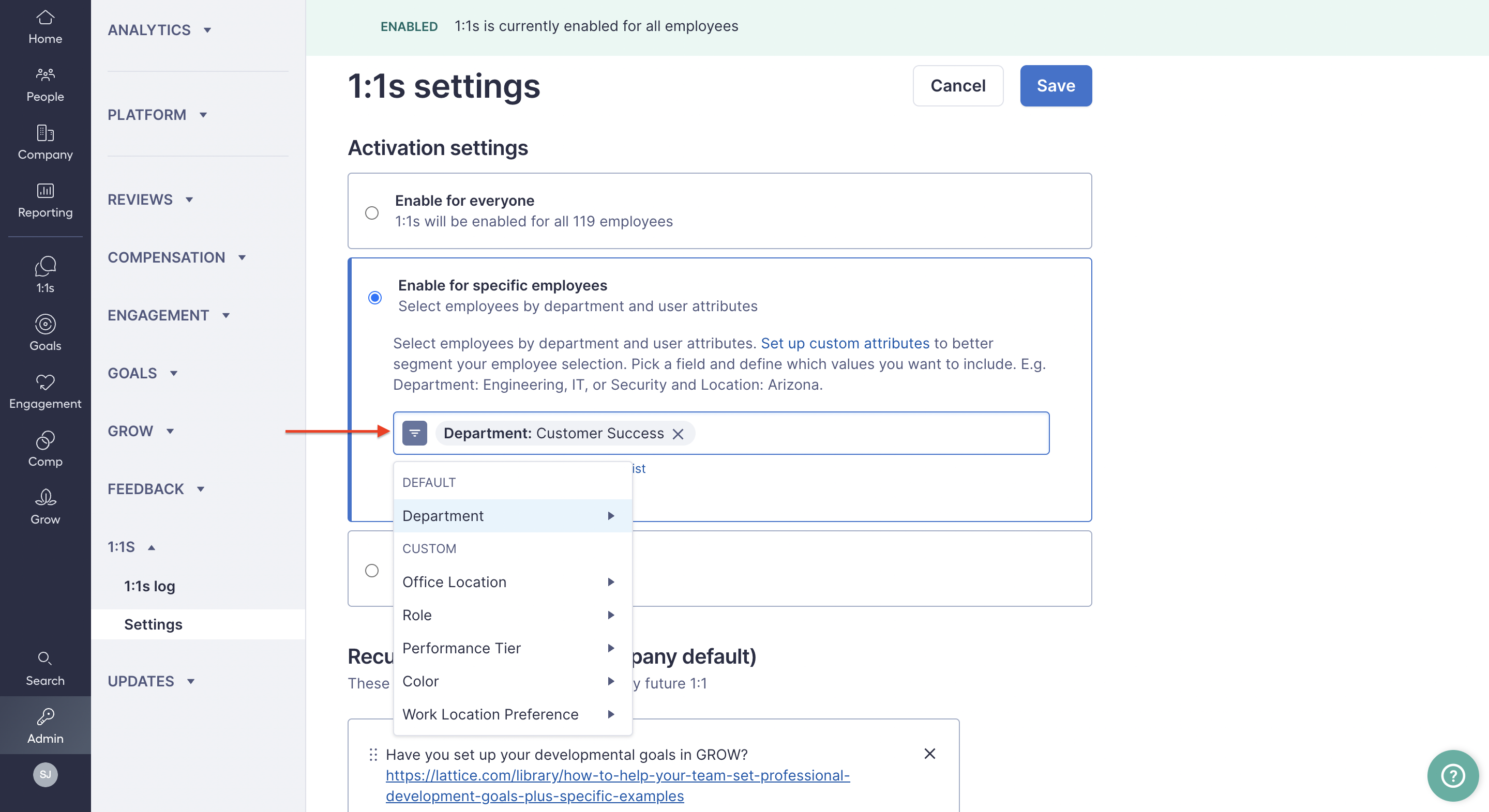 Image of activation settings where an arrow highlights the filter dropdown for enabling for specific employees