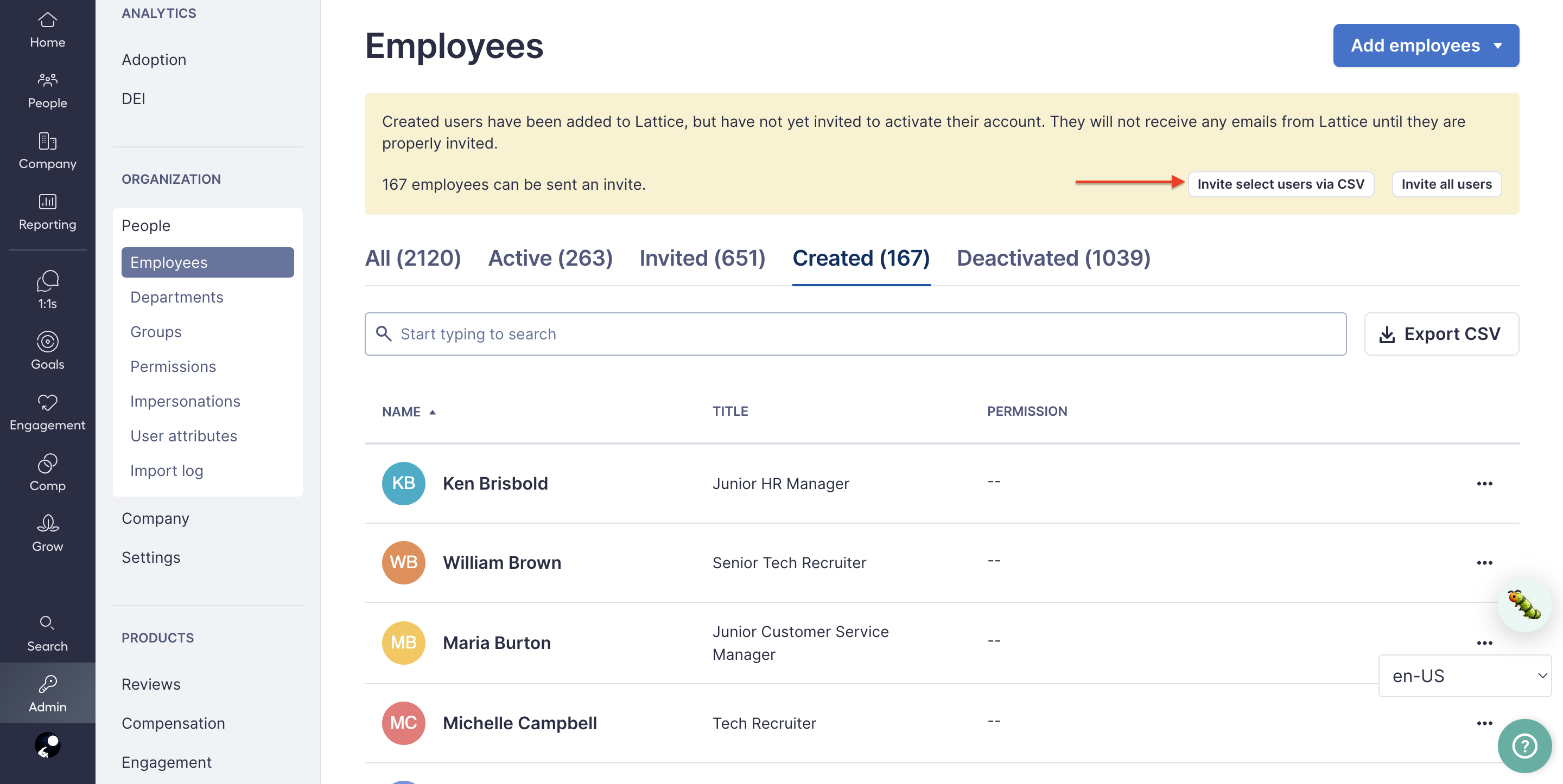 Image of Lattice employees page where an arrow highlighting the Invite Select Users Via CSV button